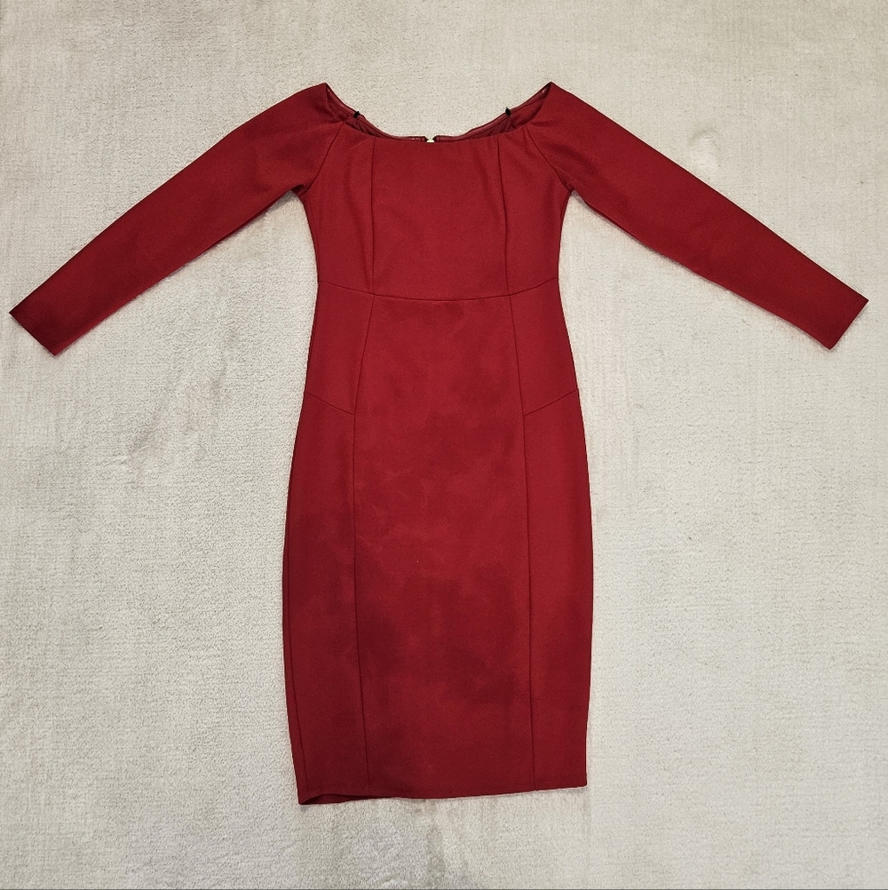 Preloved Bebe Red Midi Sheath Dress Size 4 Formal Feminine Party Office Glam - Picture 2 of 11